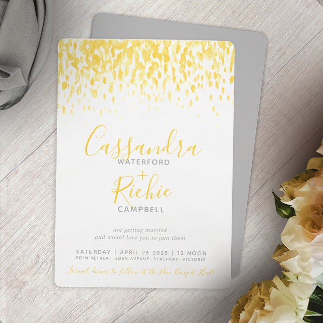Showering cascade sunshine yellow grey art wedding invitation (Creator Uploaded)