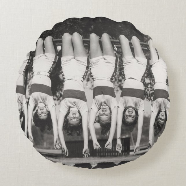 Showgirls on monkey bars, playful design. round cushion (Front)