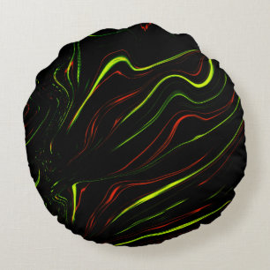 Showy green and red long wavy traces on black fund round cushion