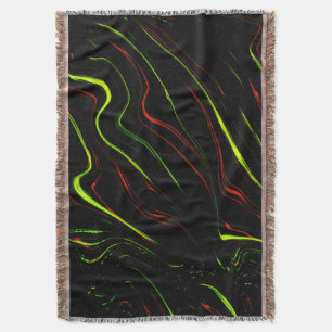 Showy green and red long wavy traces on black fund throw blanket