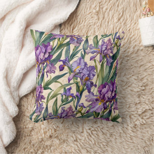Showy Purple Iris on Ecru Scroll Cushion