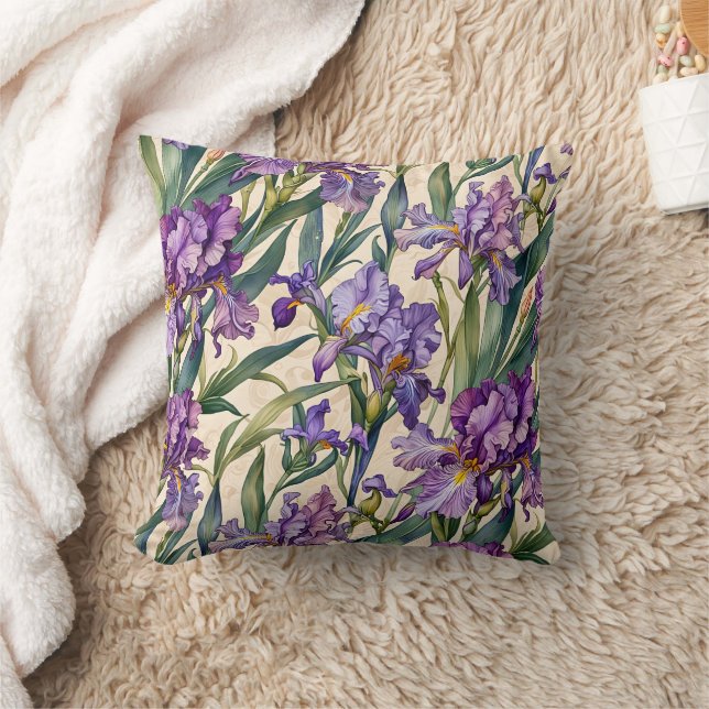 Showy Purple Iris on Ecru Scroll Cushion (Blanket)