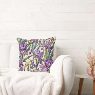 Showy Purple Iris on Ecru Scroll Cushion