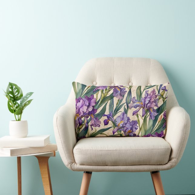 Showy Purple Iris on Ecru Scroll Lumbar Cushion (Chair)