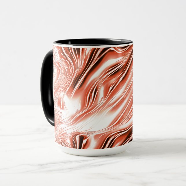 Showy salmon to red long wavy traces on white fund mug (Front Left)