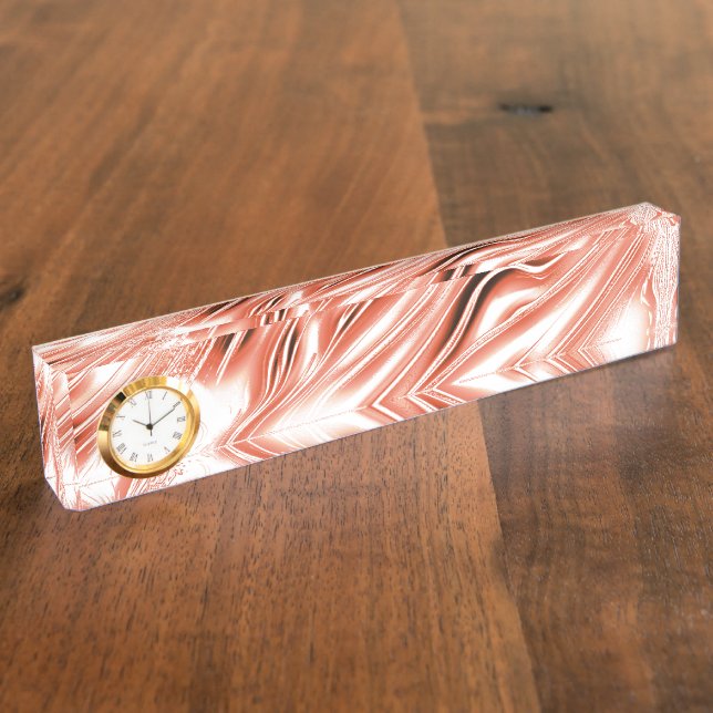 Showy salmon to red long wavy traces on white fund nameplate (Side)