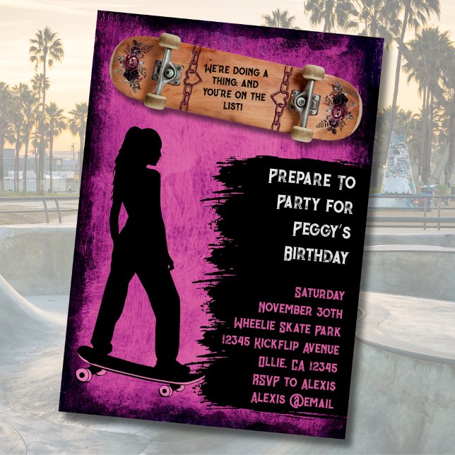 Shred Like a Girl Skater Birthday Invitations (Shred Like a Girl Skateboarding Birthday Party Invitations)