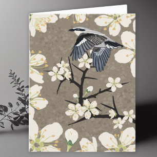 Shrike Bird and Flowers Drawing Blank Card
