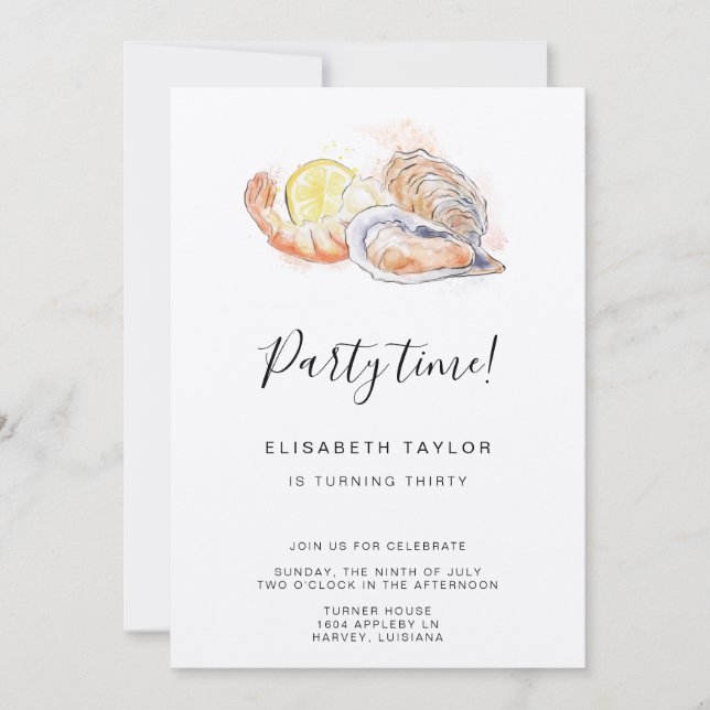 Shrimp and Oyster Watercolor Birthday Invitation (Front)