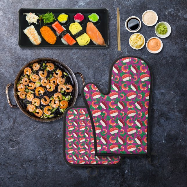 Shrimp and sushi magenta oven mitt & pot holder set (Creator Uploaded)