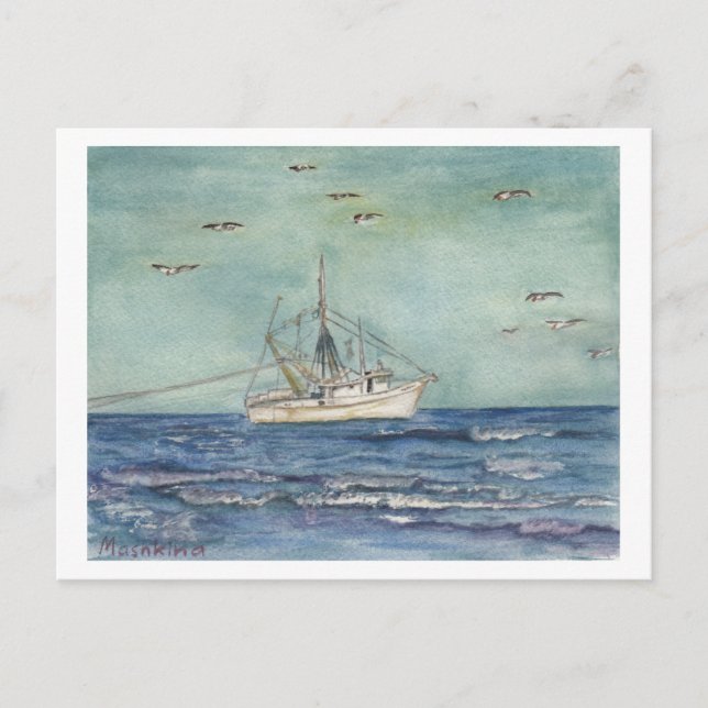 Shrimp Boat Watercolor. Postcard. Postcard (Front)