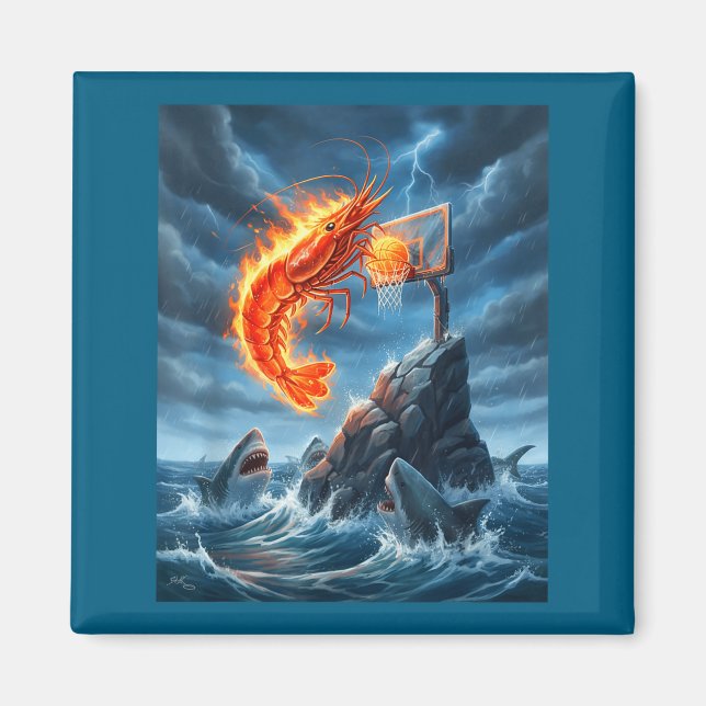 Shrimp Dunking On Shark Funny Fishing Meme Basketb Magnet (Front)