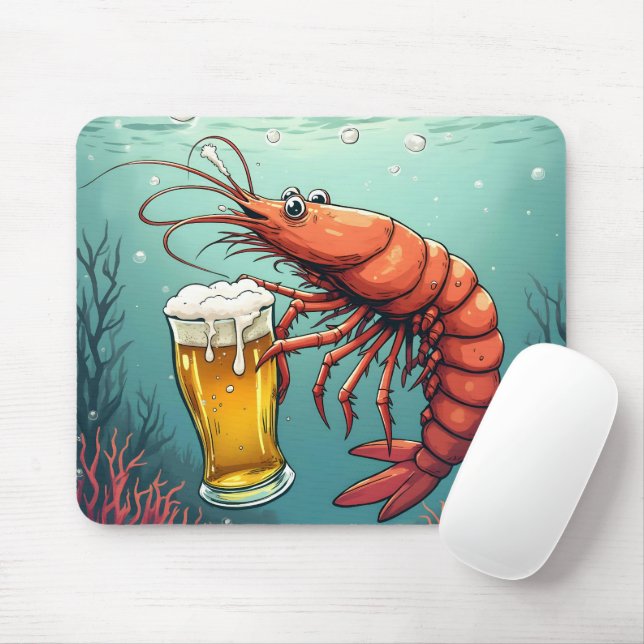 Shrimp Holding a Glass of Beer Mouse Pad (With Mouse)
