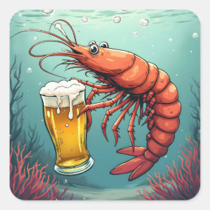 Shrimp Holding a Glass of Beer Square Sticker