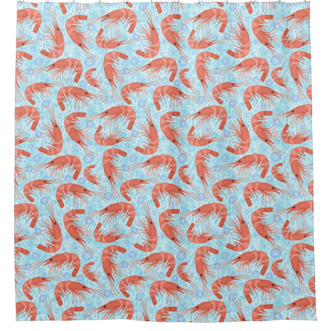 Shrimp Prawn Coral Ocean Bubbles Nautical Sea Blue Shower Curtain (Front)