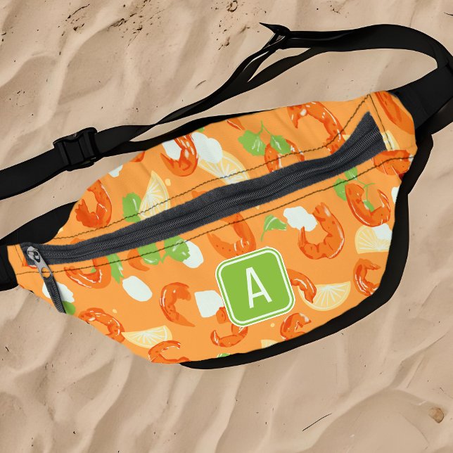 Shrimp Seafood Monogram Lemon Orange Summer Food Bum Bags (Tropical shellfish Mexican shrimp pattern backpack for seafood lovers Summer travel)
