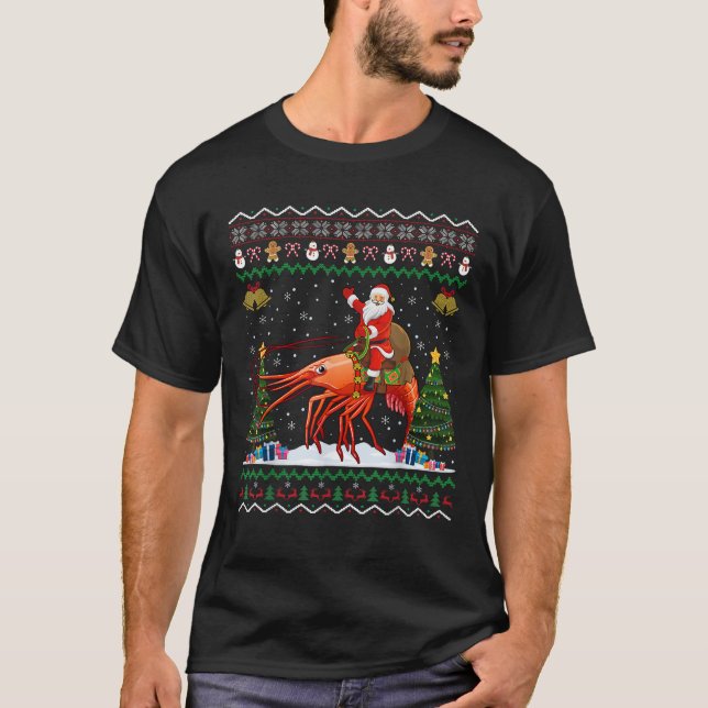 Shrimp Ugly Xmas Gift Santa Riding Shrimp Christma T-Shirt (Front)