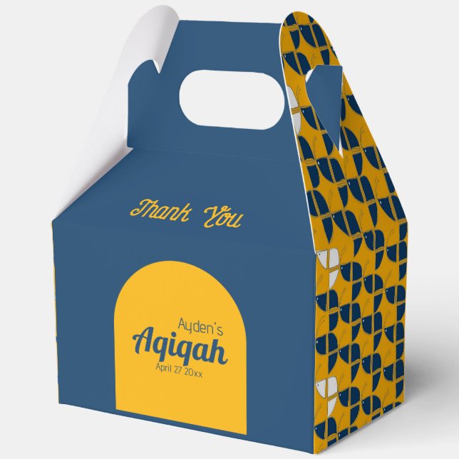 SHRIMPLY Blue Yellow Pattern, Aqiqah Baby Shower Favour Box (Front)