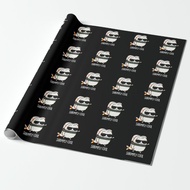Shrimply Cool Funny Shrimp Sushi Pun Dark BG Wrapping Paper (Unrolled)