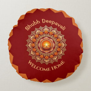 Shubh Deepavali Festival of Light Welcome Home Red Round Cushion