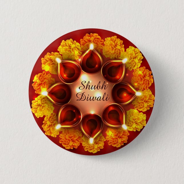 Shubh Diwali Diyas and Marigolds 6 Cm Round Badge (Front)
