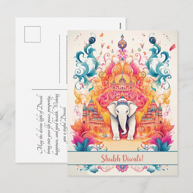 🐘 Shubh Diwali with Watercolor Elegance Holiday Postcard (Front/Back)