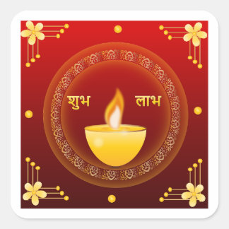 Shubh Labh Diwali Golden Diya Red Traditional Square Sticker