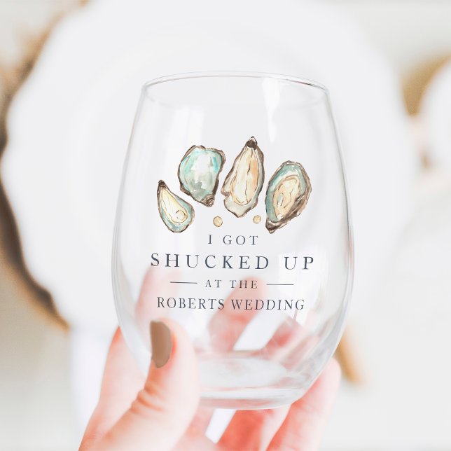 Shucked Up | Coastal Oyster Wedding Favour Stemless Wine Glass (Creator Uploaded)