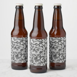 Shuffled small squares in tones of grey to clear beer bottle label