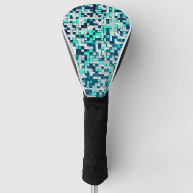 Shuffled small squares, tones of blue's greenish golf head cover (Front)