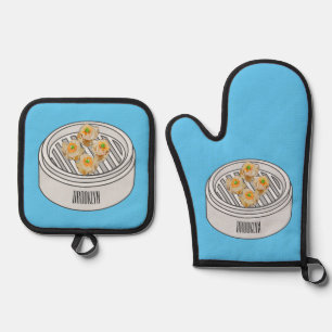 Shumai dim sum cartoon illustration oven mitt & pot holder set