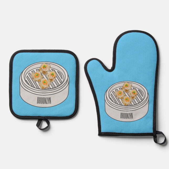 Shumai dim sum cartoon illustration oven mitt & pot holder set (Front)