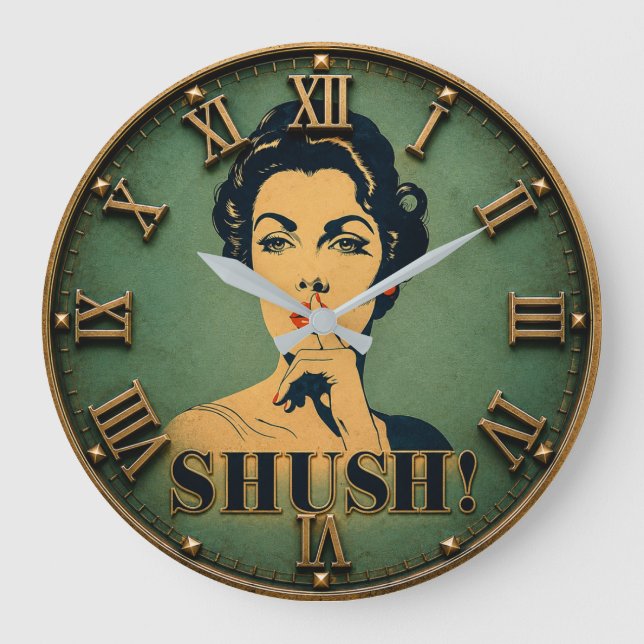 Shush Funny Retro Lady Quiet Please Humor Gift Large Clock (Front)