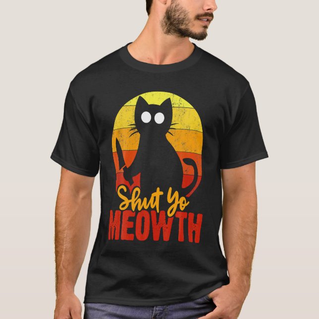 Shut Your Meowth Gory Halloween Cat With Knife Mur T-Shirt (Front)