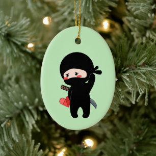 Shy Blushing Ninja Holding Origami Heart Green Ceramic Ornament
