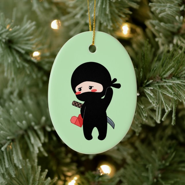 Shy Blushing Ninja Holding Origami Heart Green Ceramic Ornament (Tree)