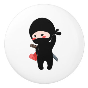 Shy Blushing Ninja Holding Origami Paper Heart Ceramic Knob