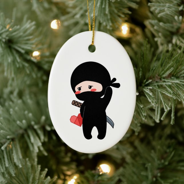 Shy Blushing Ninja Holding Origami Paper Heart Ceramic Ornament (Tree)