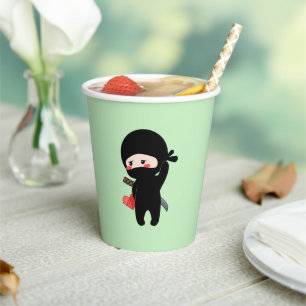 Shy Blushing Ninja Holding Origami Paper Heart Grn Cups