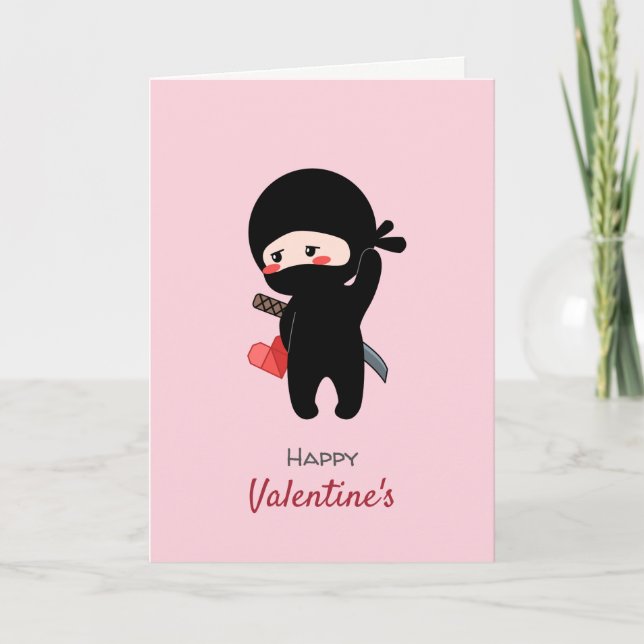 Shy Blushing Ninja Holding Origami Paper Heart Holiday Card (Front)