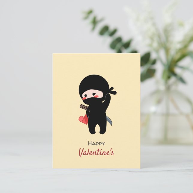 Shy Blushing Ninja Holding Origami Paper Heart Holiday Postcard (Standing Front)