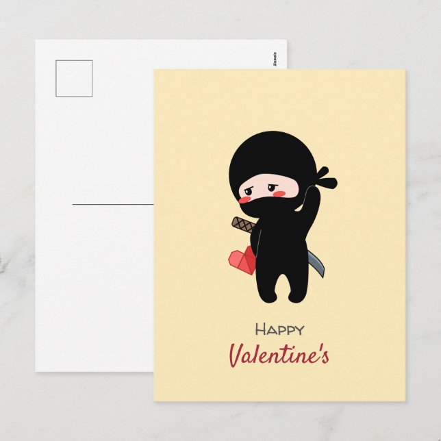 Shy Blushing Ninja Holding Origami Paper Heart Holiday Postcard (Front/Back)