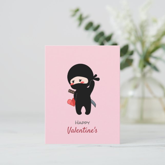 Shy Blushing Ninja Holding Origami Paper Heart Holiday Postcard (Standing Front)