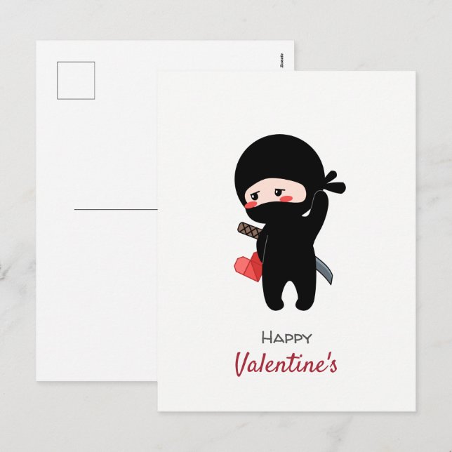 Shy Blushing Ninja Holding Origami Paper Heart Holiday Postcard (Front/Back)