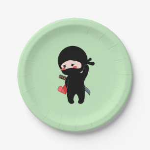 Shy Blushing Ninja Holding Origami Paper Heart Paper Plate