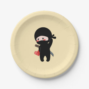 Shy Blushing Ninja Holding Origami Paper Heart Plate