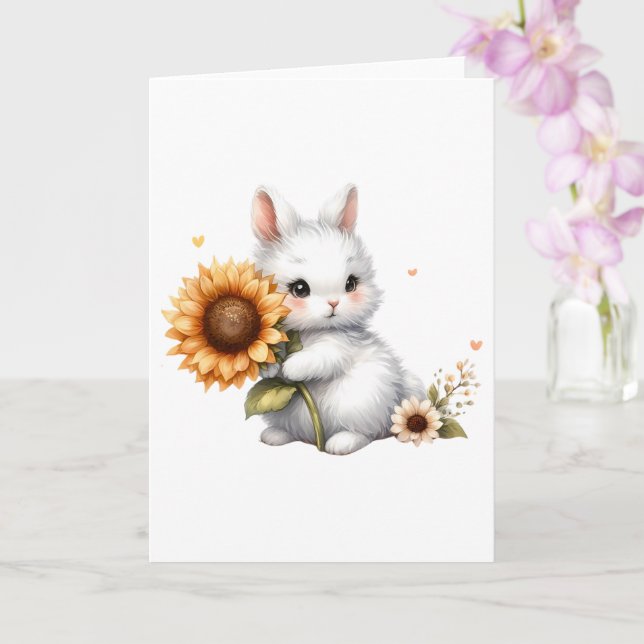 Shy Bunny with Sunflower All-Occasion Greeting  Card (Orchid)