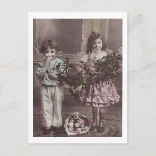 Shy Children with Flowers Antique Postcard