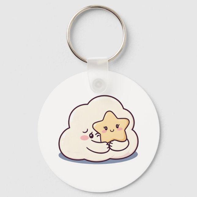 Shy Cloud Hugging a Star – Dreamy Cute Sky Charact Key Ring (Front)