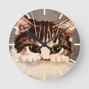 Shy & Curious Tabby Kitten Round Clock